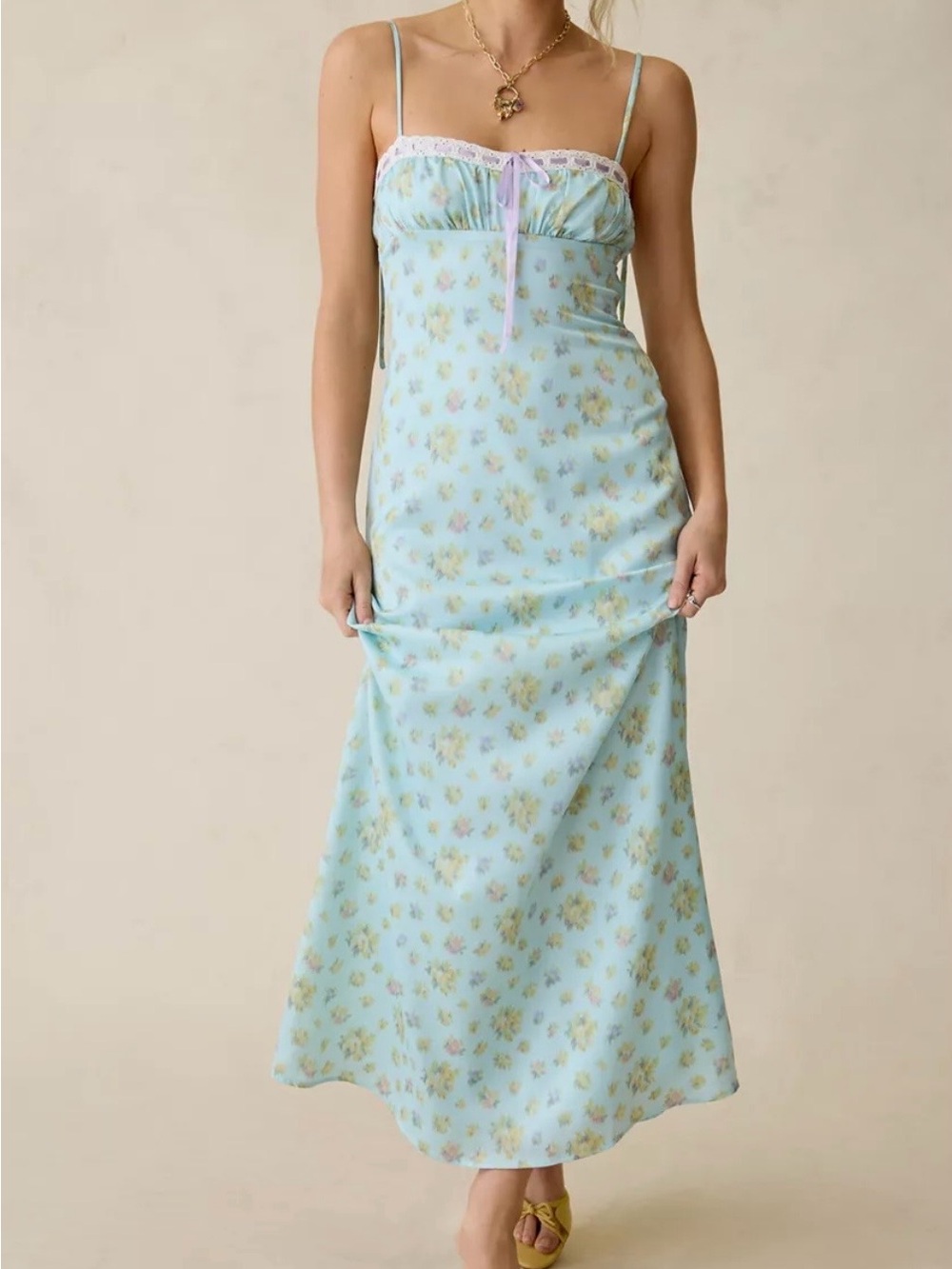 Urban Outfitters Light Blue Floral Satin Slip Dress with Pink Lace Trim